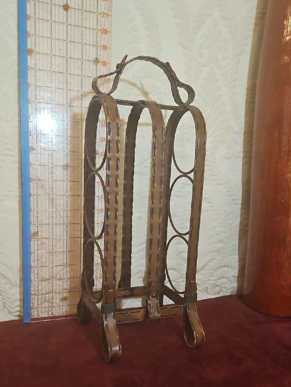 Vintage Rustic Metal Wine Bottle Rack - Brown Leather Look